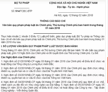 Văn bản QPPL do Chính phủ, Thủ tướng Chính phủ ban hành trong tháng 01/2018