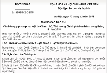 Văn bản QPPL do Chính phủ, Thủ tướng Chính phủ ban hành trong tháng 11/2018