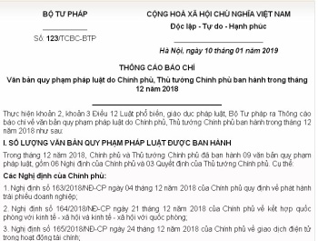 Văn bản QPPL do Chính phủ, Thủ tướng Chính phủ ban hành trong tháng 12/2018