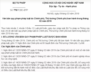 Văn bản QPPL do Chính phủ, Thủ tướng Chính phủ ban hành trong tháng 02/2019