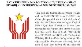 Lấy ý kiến nhân dân đối với tập thể, cá nhân đề nghị khen thưởng cấp nhà nước đợt 1/2019