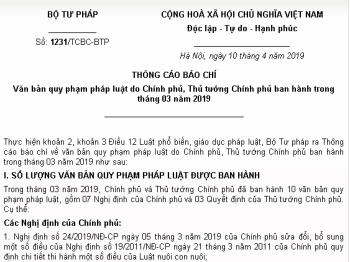 Văn bản QPPL do Chính phủ, Thủ tướng Chính phủ ban hành trong tháng 03/2019