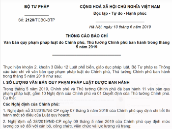 Văn bản QPPL do Chính phủ, Thủ tướng Chính phủ ban hành trong tháng 5/2019