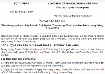 Văn bản QPPL do Chính phủ, Thủ tướng Chính phủ ban hành trong tháng 7/2019