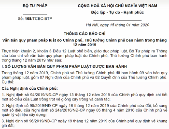 Văn bản QPPL do Chính phủ, Thủ tướng Chính phủ ban hành trong tháng 12/2019