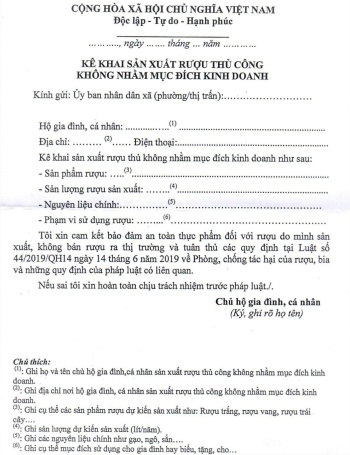 Hộ gia đình, cá nhân sản xuất rượu không nhằm mục đích kinh doanh thực hiện kê khai 01 lần/năm