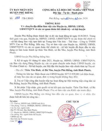 UBND huyện Phú Riềng thông báo chuyển địa điểm làm việc ​​​​​​​