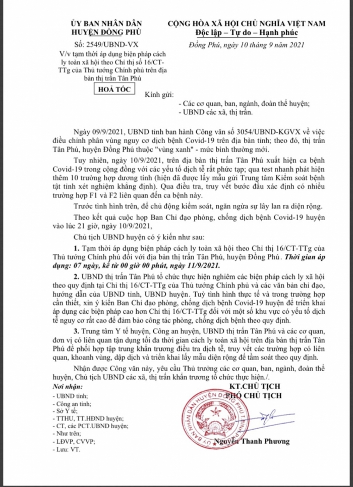 Đồng Phú: Tạm thời áp dụng Chỉ thị 16 trên địa bàn thị trấn Tân Phú