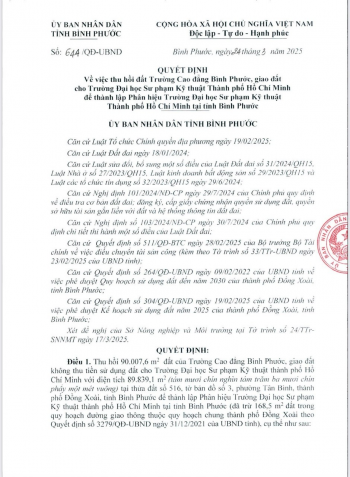 Giao 9 ha đất để thành lập Phân hiệu Trường Đại học Sư phạm Kỹ thuật thành phố Hồ Chí Minh tại Bình Phước